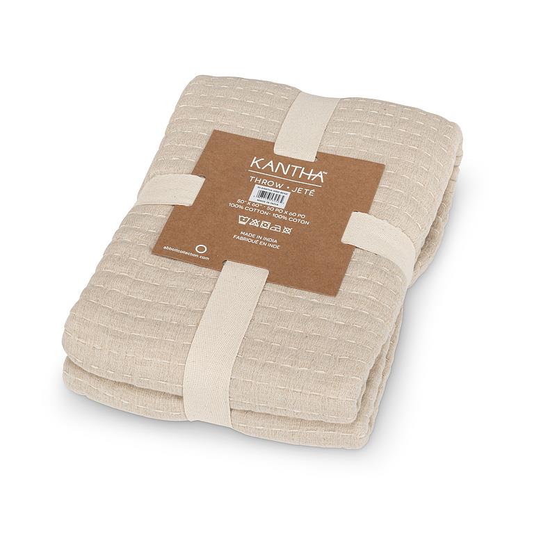 Overstitch Beige Kantha Cotton Throw – 50" x 60"