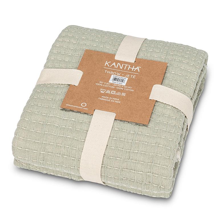 Overstitch Green Kantha Cotton-Blend Throw – 50" x 60"