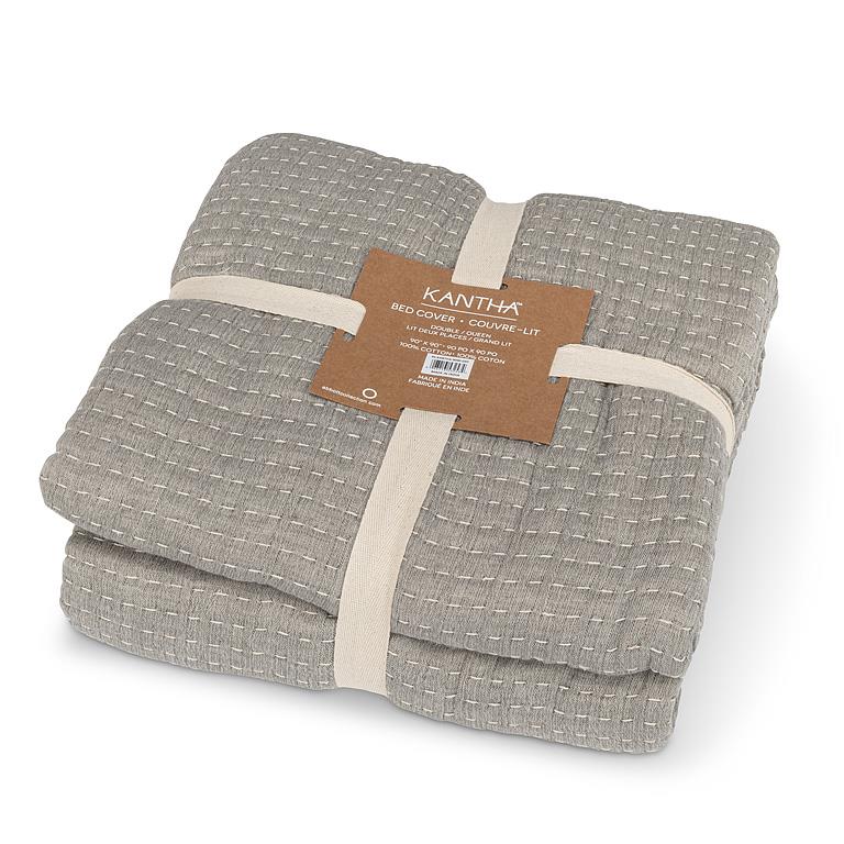 Overstitch Grey Kantha Cotton Coverlet – 90" Square
