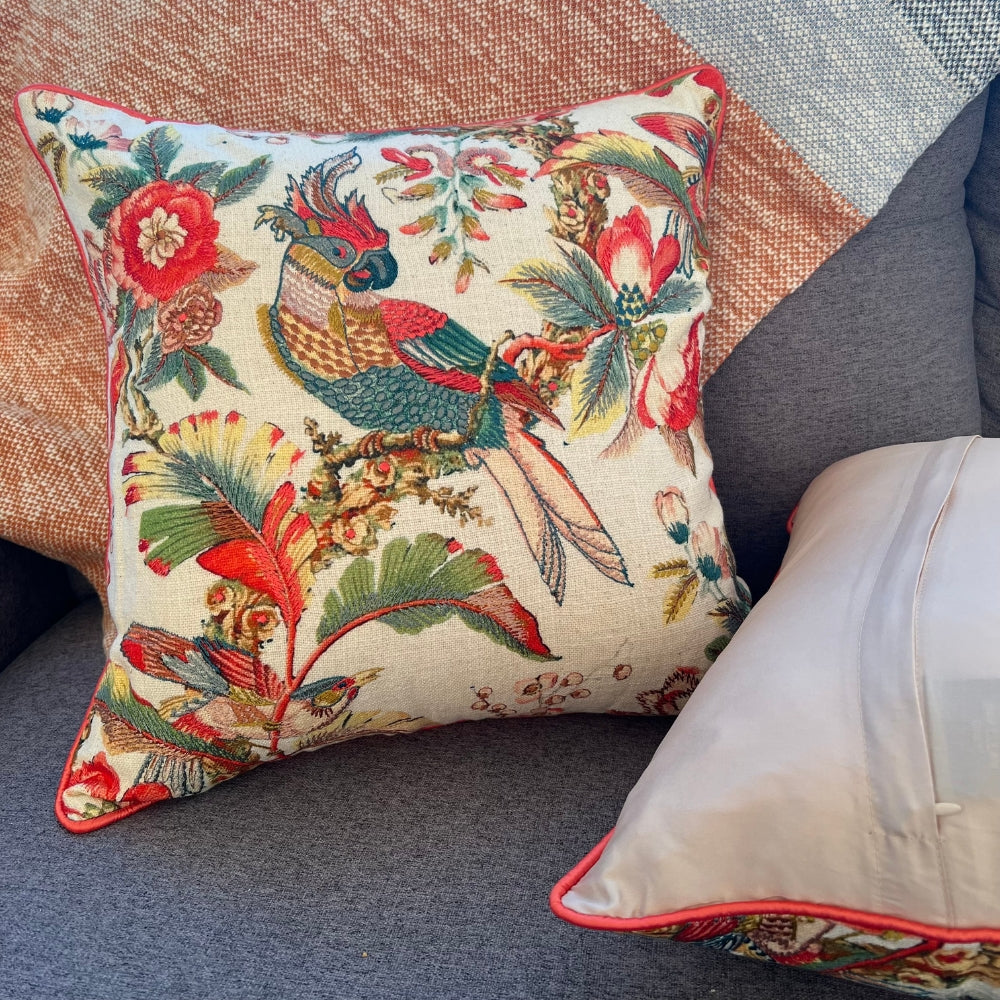 Birds of Paradise Embroidered Pillow Cover Front & Back
