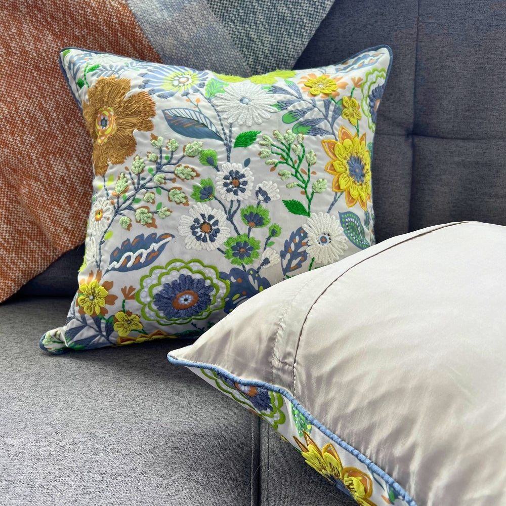Enchanted Floral Embroidered Pillow Cover - Front and back