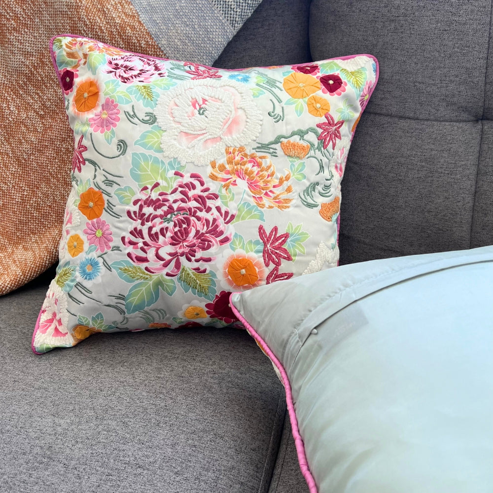 Flora Burst Embroidered Pillow Cover Front and Back