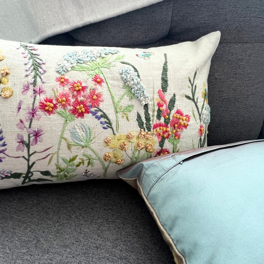Beige Floral Fusion Embroidered Pillow Cover -#color_beige