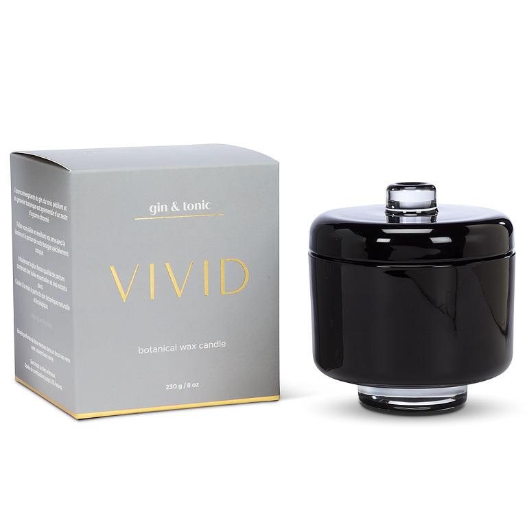 Black candle with a gray box labeled 'Vivid' on a white background