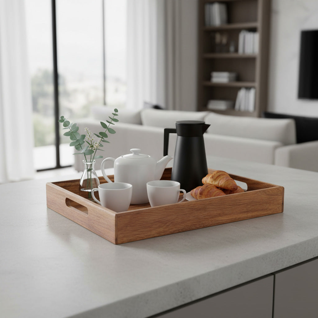 Large Rectangular Acacia Wood Serving Tray with Handles – Generous Wooden Entertaining Tray (14" x 17")