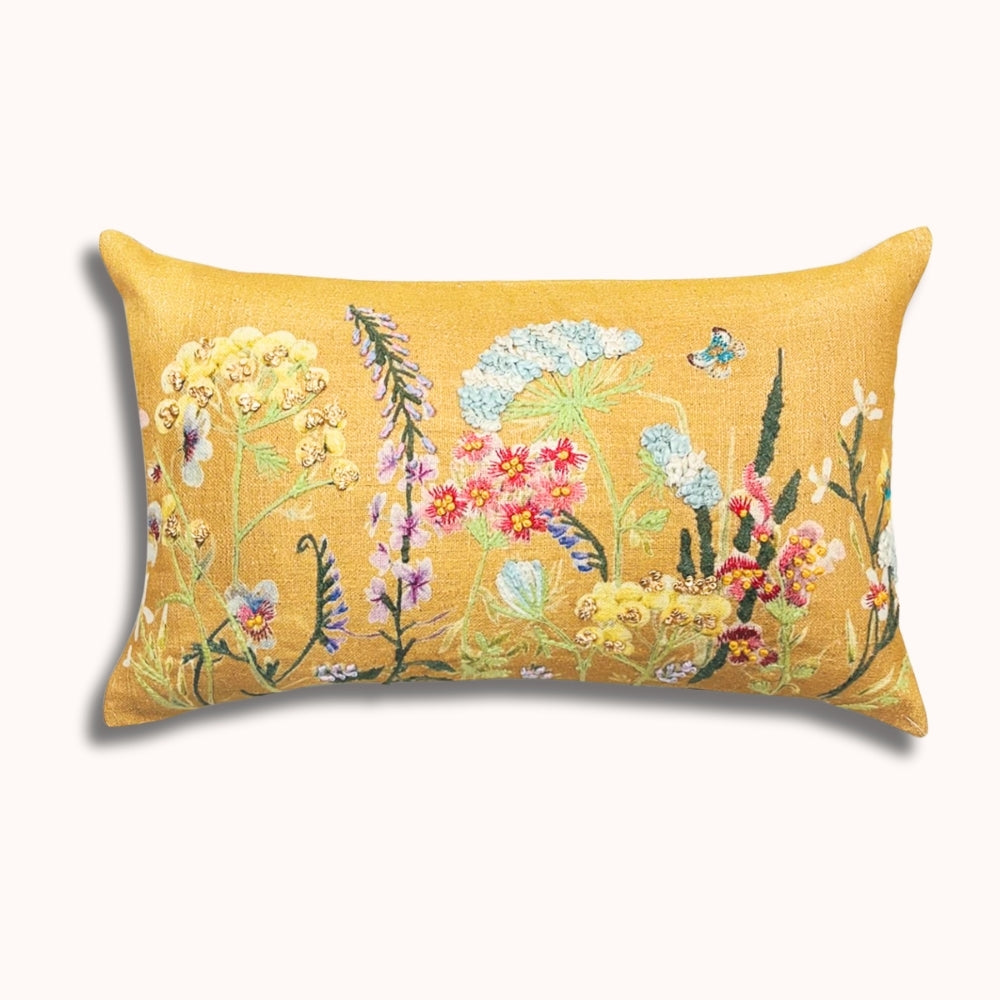 Mustard Floral Fusion Embroidered Pillow Cover -#color_mustard