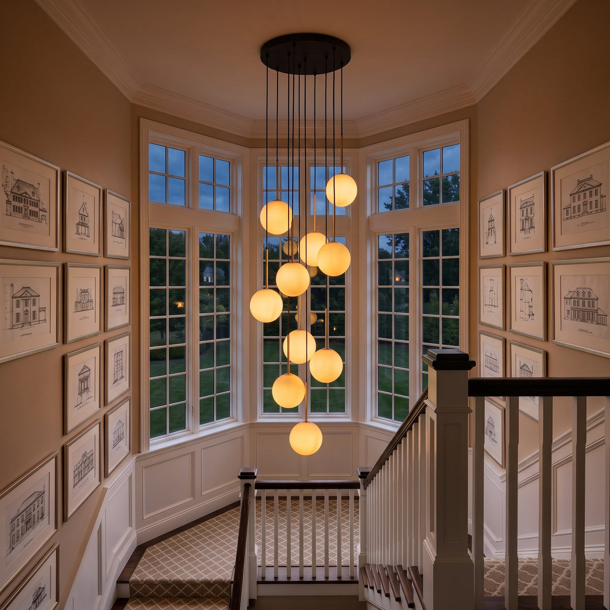 NILOS 10-Light Gold & Glass Cascade Chandelier for Stairwell & Entryway