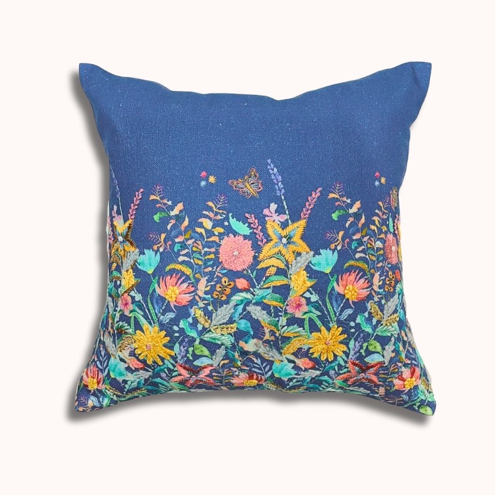 Blue Serenity Blooms Embroidered Pillow Cover