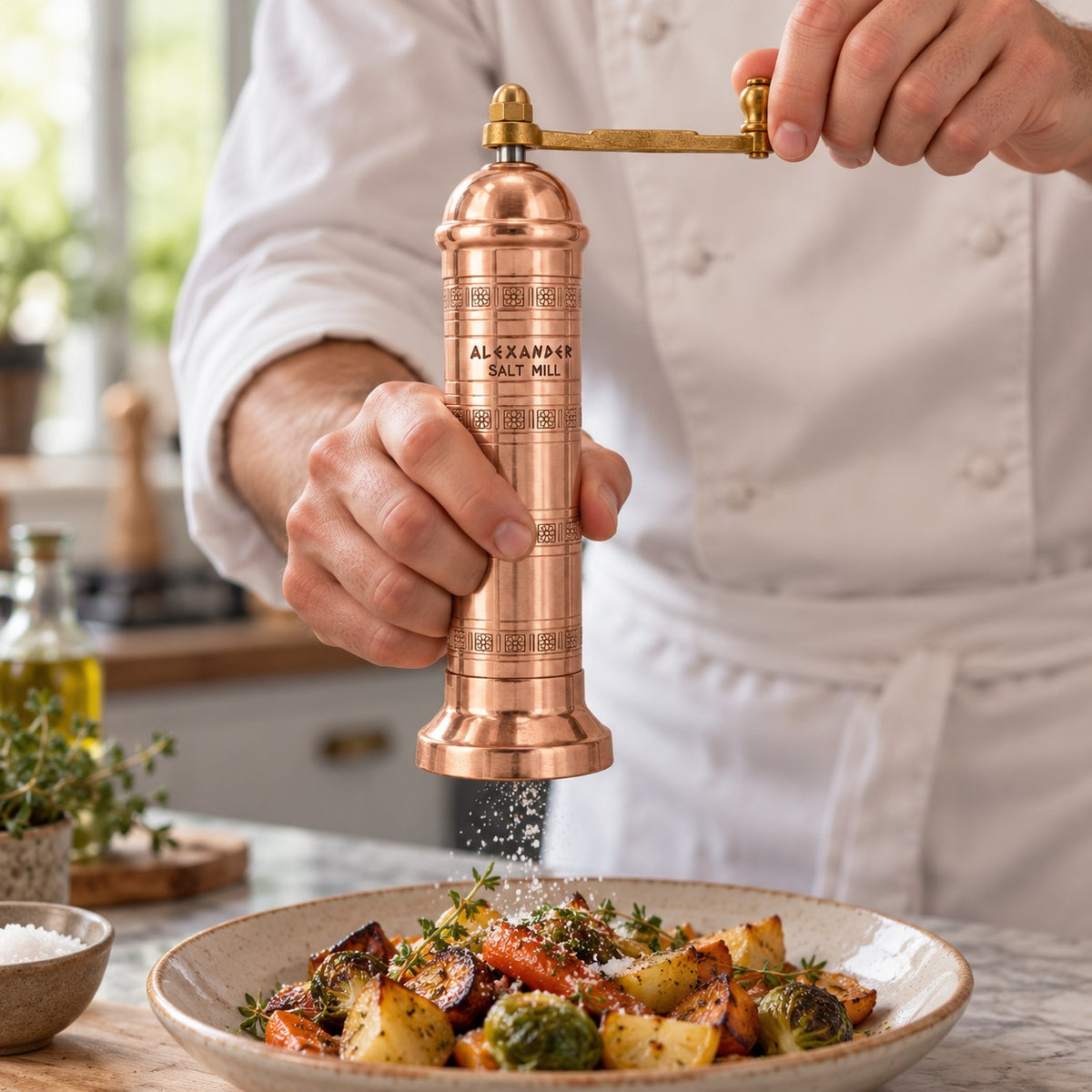 A person in a white chef coat grinds salt from a copper-colored manual pepper mill over a plate of roasted vegetables. The mill is branded 'ALEXANDER SAID-MALI'.
