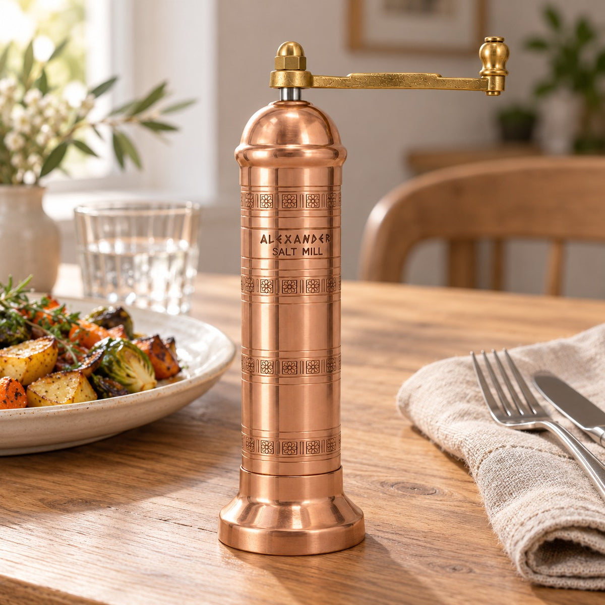 A copper-toned manual salt mill with a brass handle stands on a wooden dining table. The brand name 'ALEXANDER SALT MILL' is printed on the front.