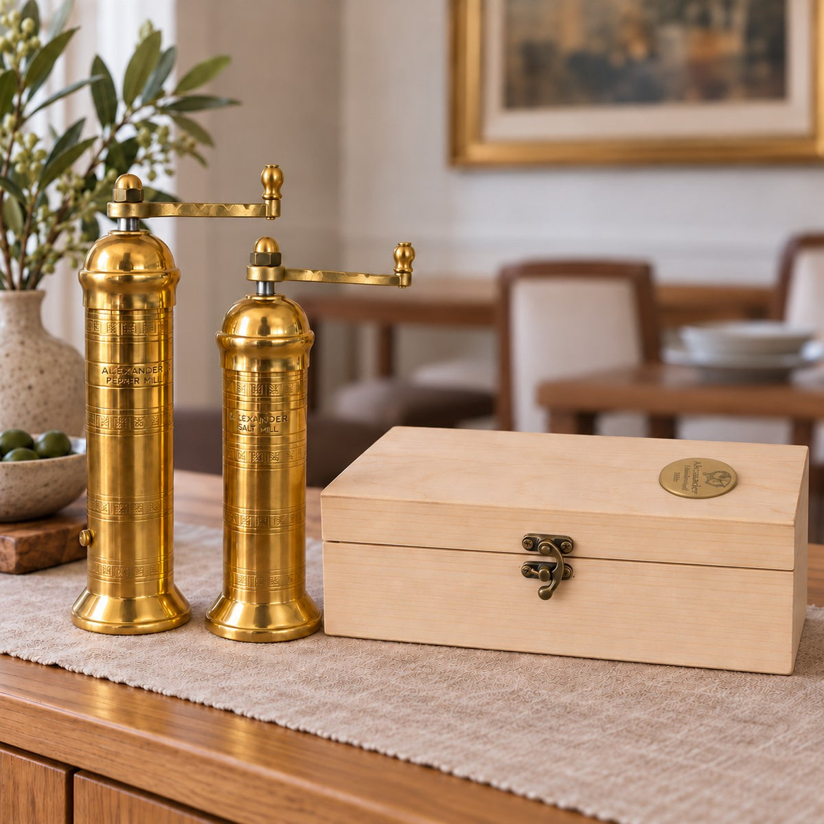 Alexander Brass Salt and Pepper Mill Gift Set in Wooden Box