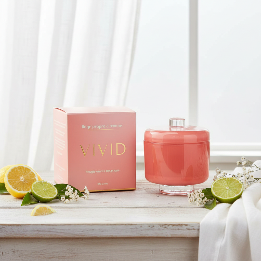 Coral-colored candle with a pink box labeled 'Vivid' on a wooden surface with lemons and limes.