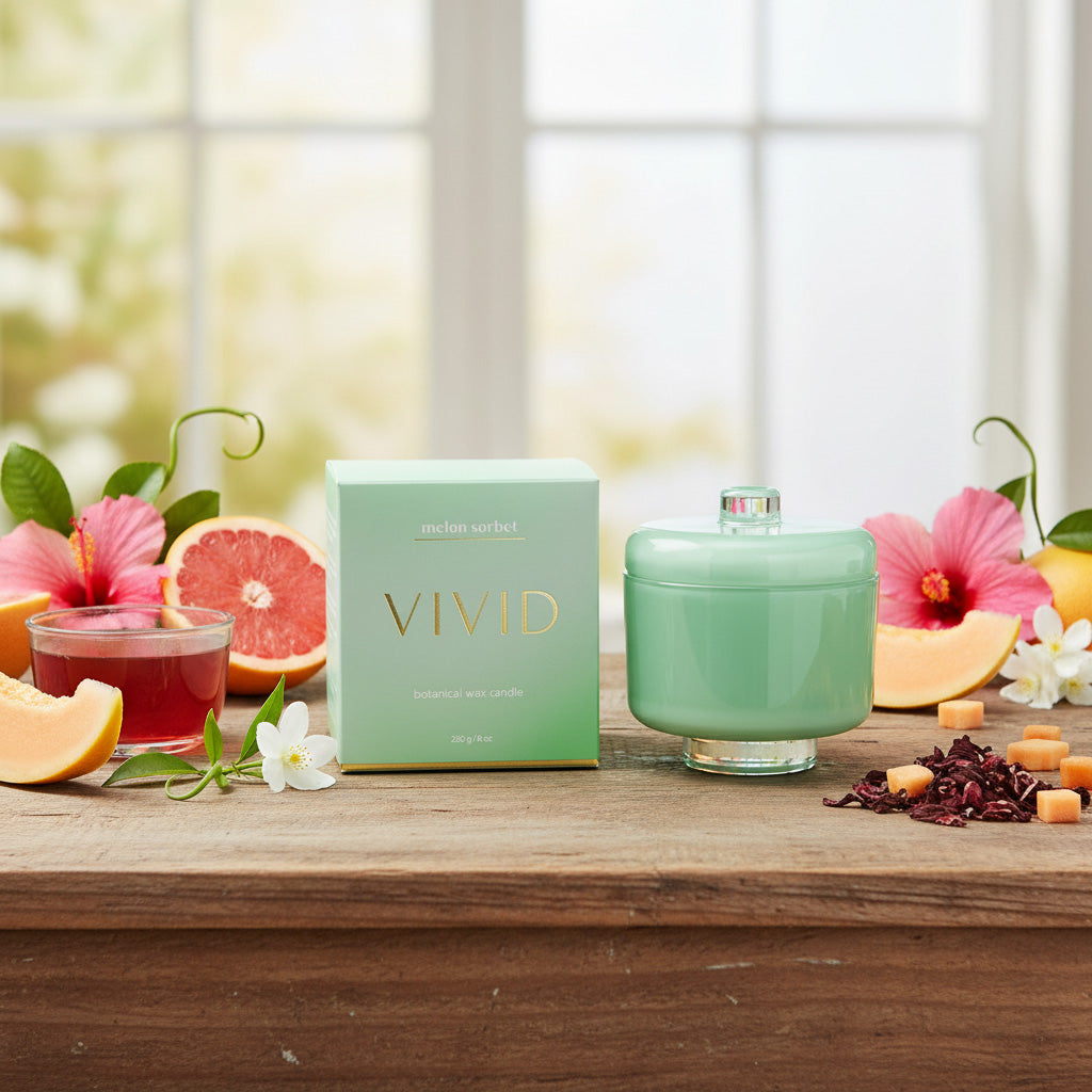 Green candle with 'VIVID' packaging on a wooden surface with fruits and flowers.