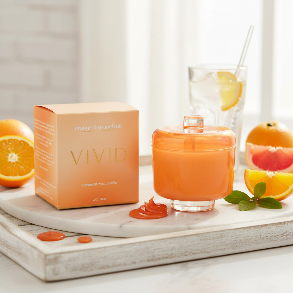 Orange-themed candle with packaging and fruit on a light surface