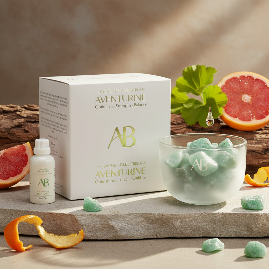 Aventurini skincare products with a glass of green liquid and sliced grapefruits on a wooden surface.