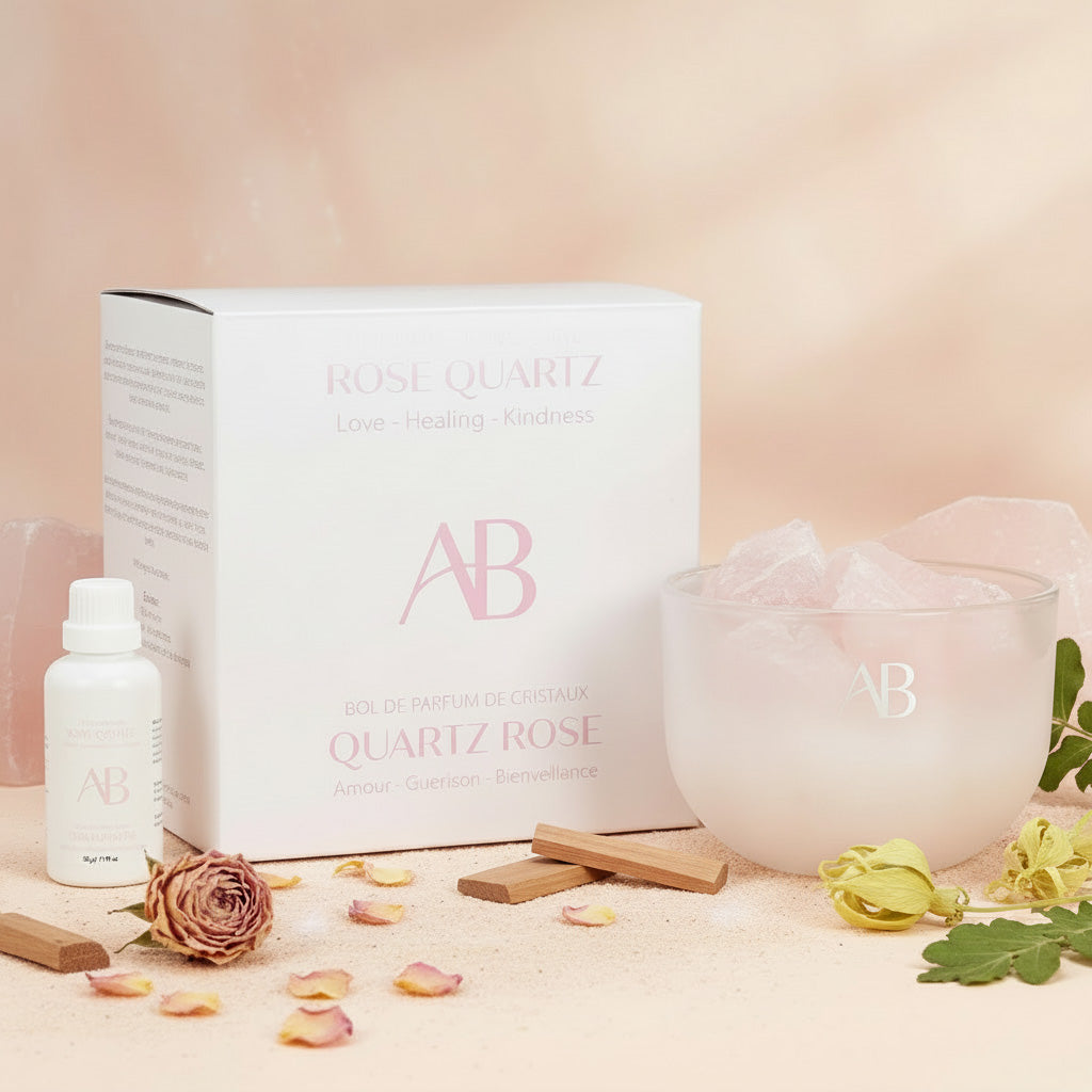 Rose Quartz Crystal Fragrance Bowl with Nurturing Love & Sandalwood Scent by Aromabotanical
