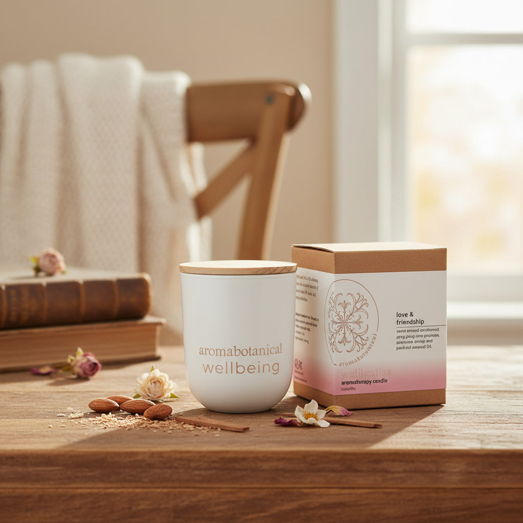 White mug with wooden lid and 'aromabotanical wellbeing' packaging on a wooden surface.