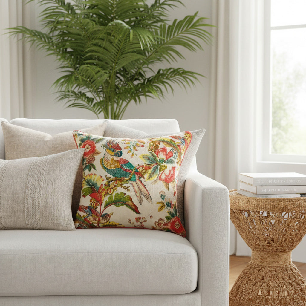 Decorative pillow with bird design on a beige sofa in a living room setting.