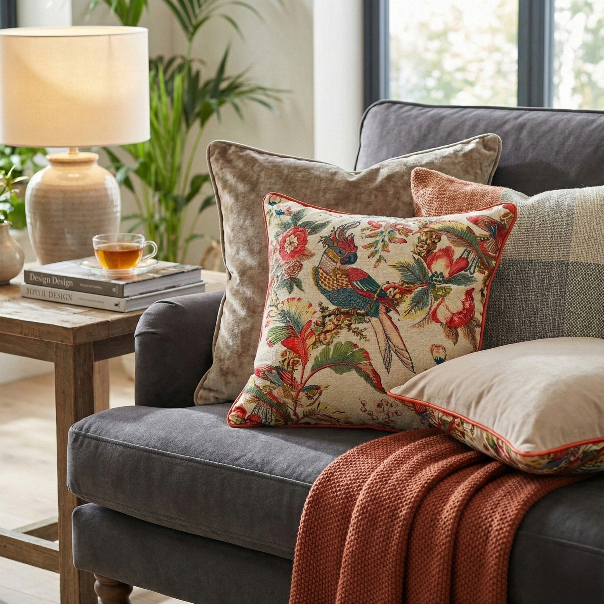 16x16" Tropical Birds of Paradise Pillow Cover – Parrot Embroidery on Cotton, Paper Silk Back