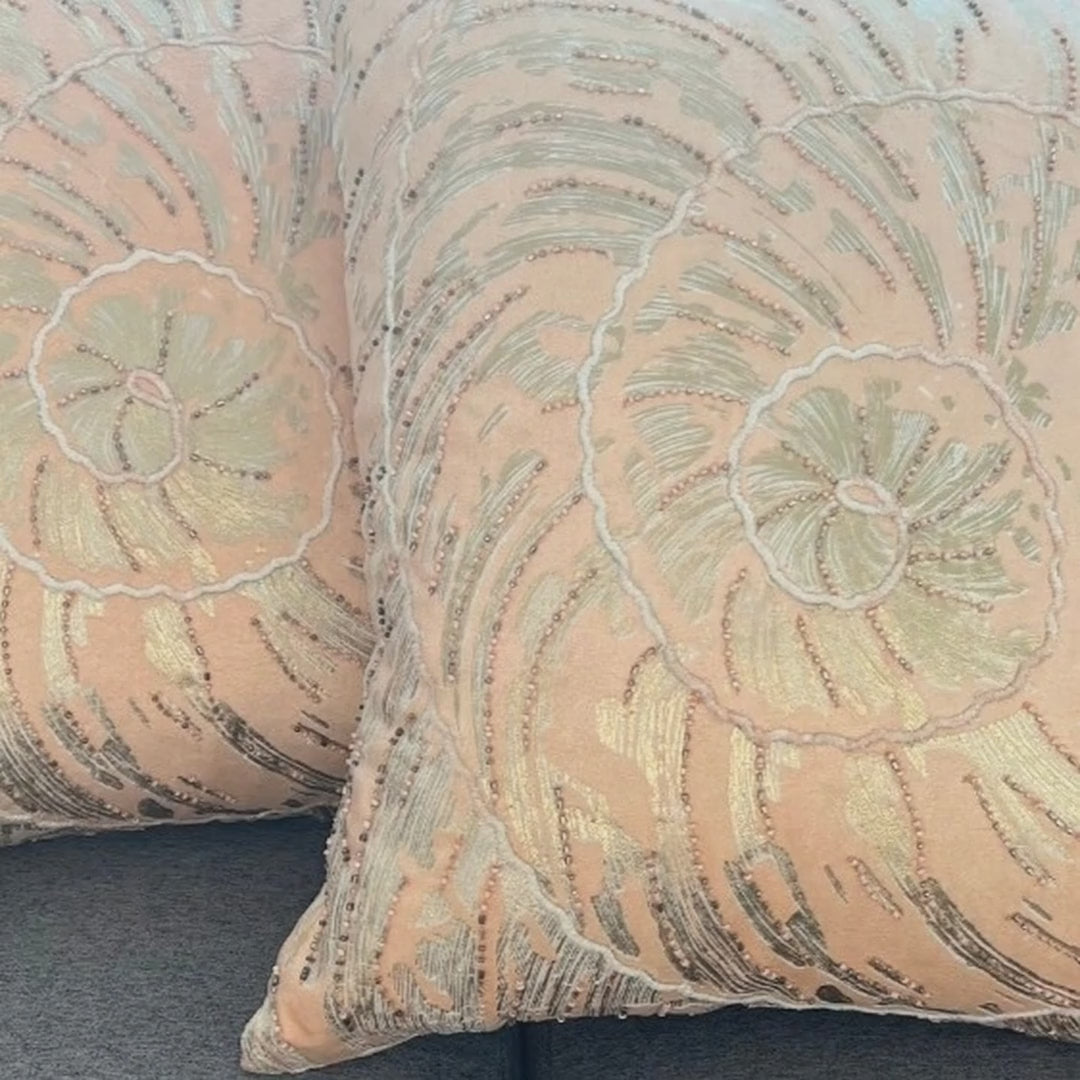 Blush Pink Velvet Pillow Cover – Gold Swirl Embroidery & Beads, Paper Silk Back