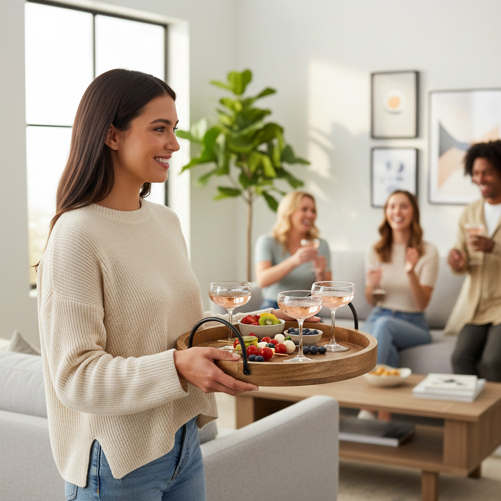 Woman holding a tray with snacks and drinks in a living room setting.