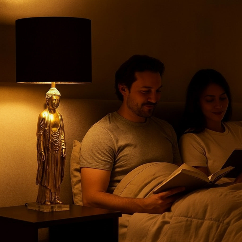 Standing Buddha Table Lamp – Gold Buddha Sculpture with Black Shade (21")