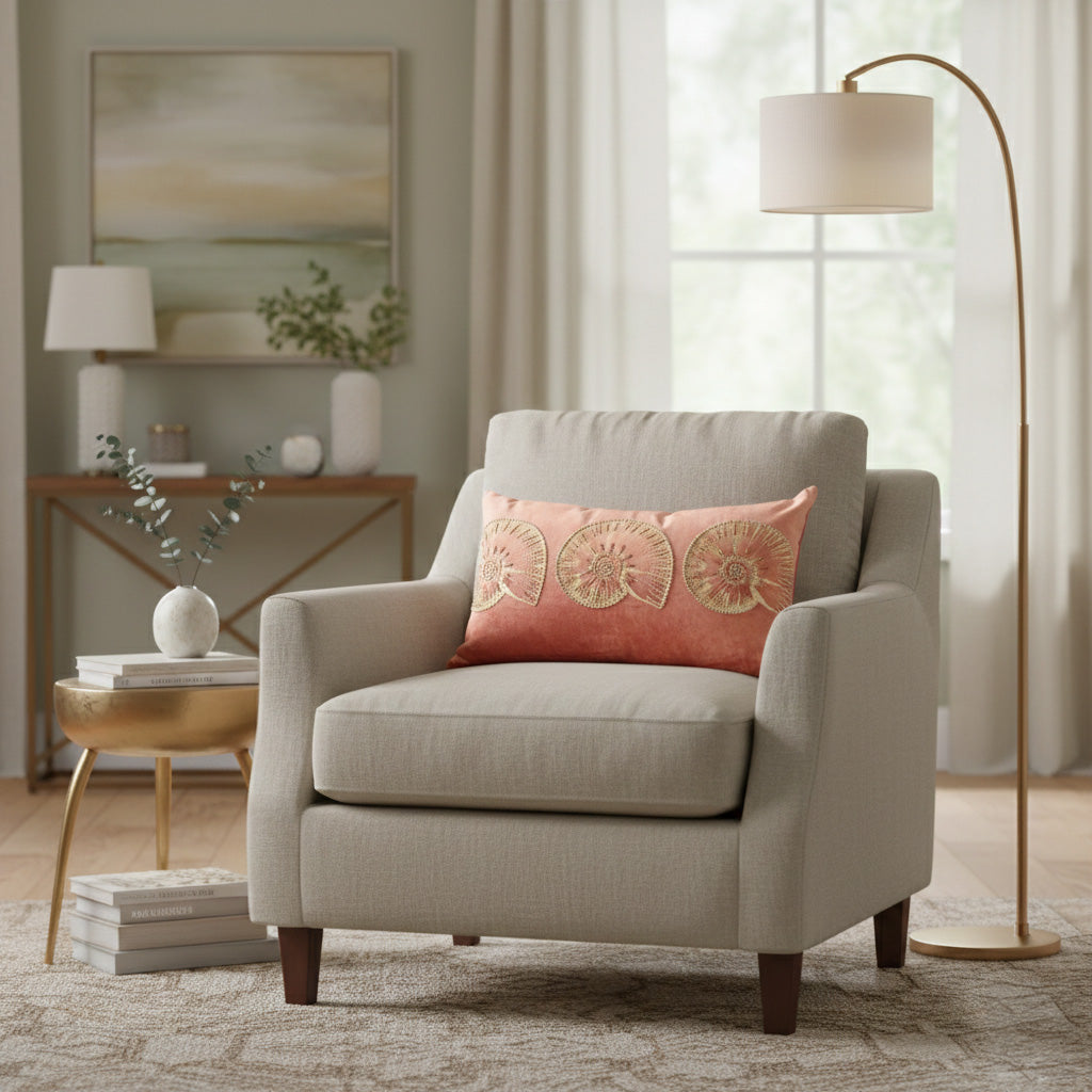 Beige armchair with a decorative pillow in a living room setting#color_red